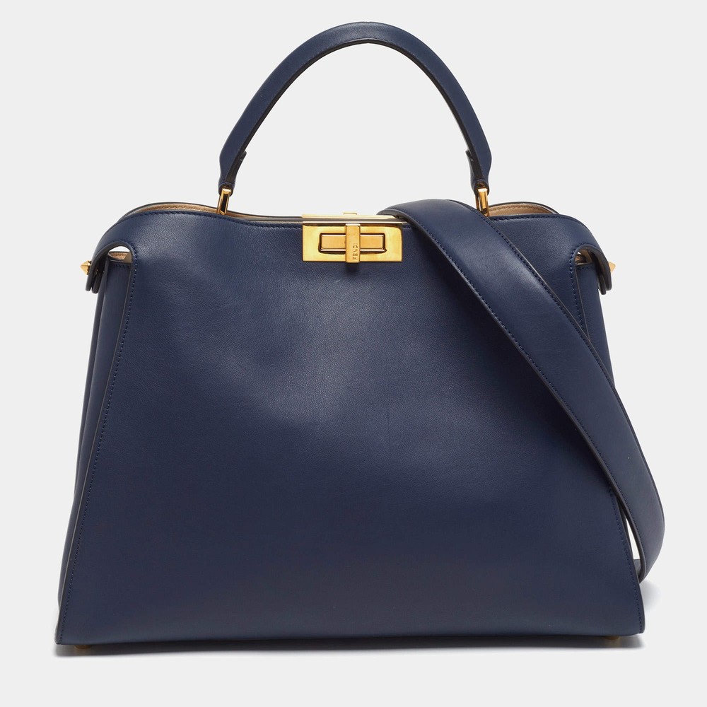 Fendi Peekaboo Iconic Large Navy Blue Leather Essentially Top Handle Bag