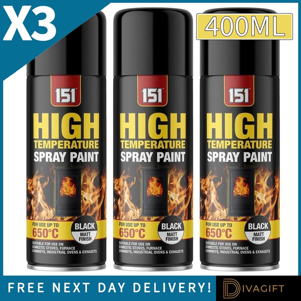 3 x MATT BLACK HIGH TEMP 650°C SPRAY PAINT 400ML FOR STOVES BBQ FIREPITS 151 NEW