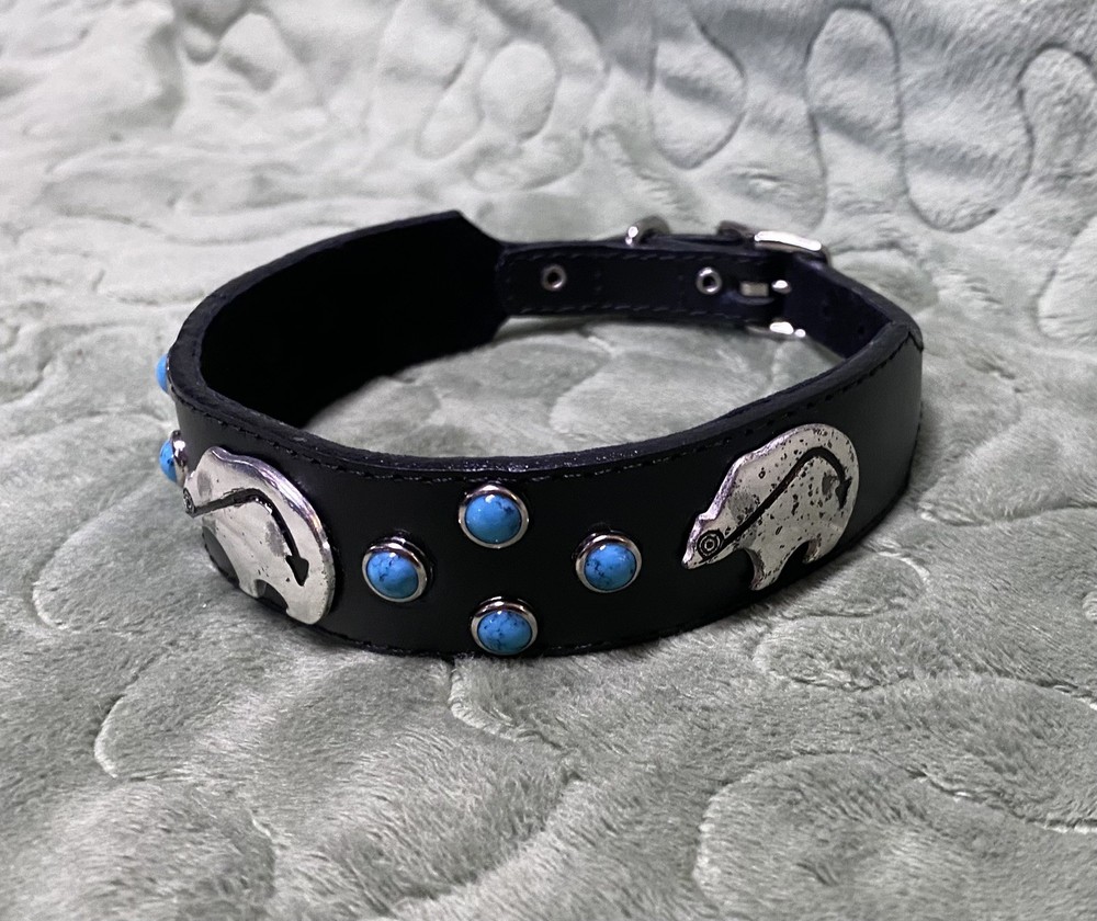 Woof Wear Dog Collar, black Leather Turquoise Silver Tone Bear 14”, Southwest 1”