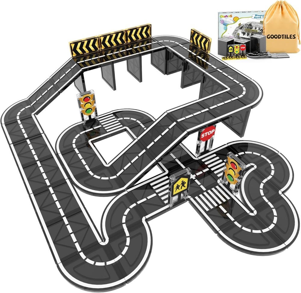 Magnetic Tiles Road Expansion Set, STEM Magnetic Building Blocks for Kids Ages
