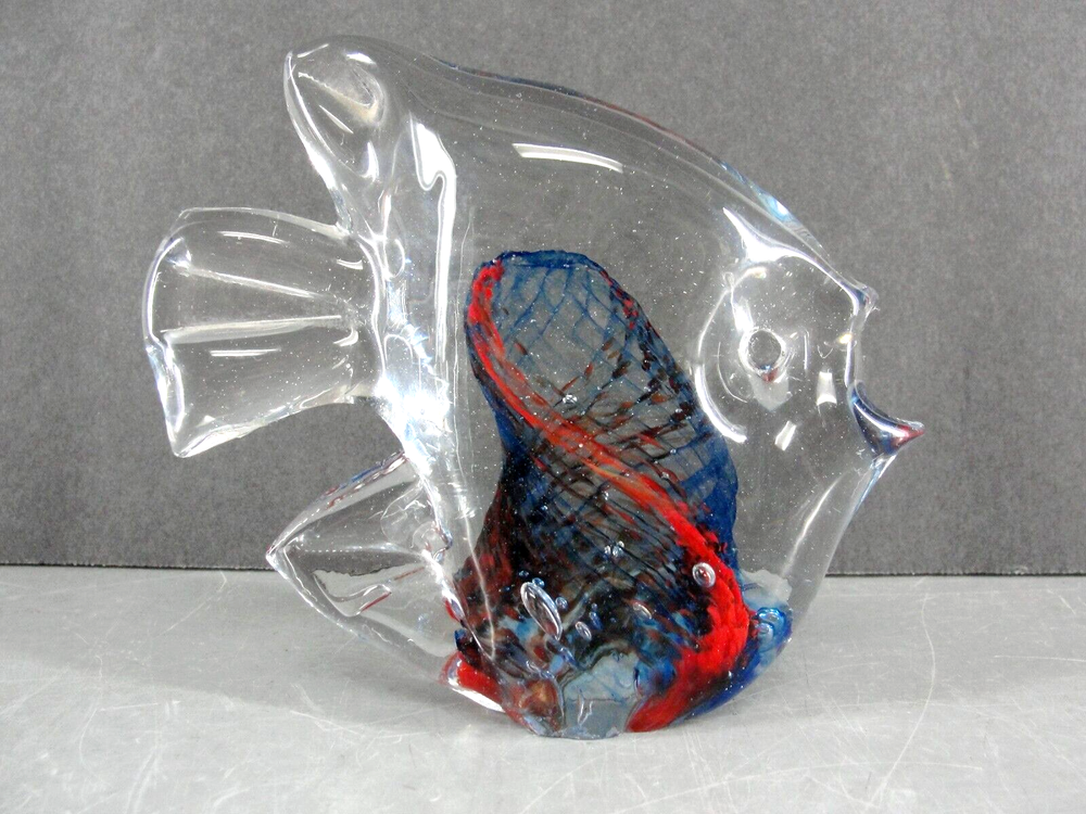 HAND BLOWN ART GLASS FISH SCULPTURE FIGURINE BLUE RED SWIRL BEACH DECOR 4