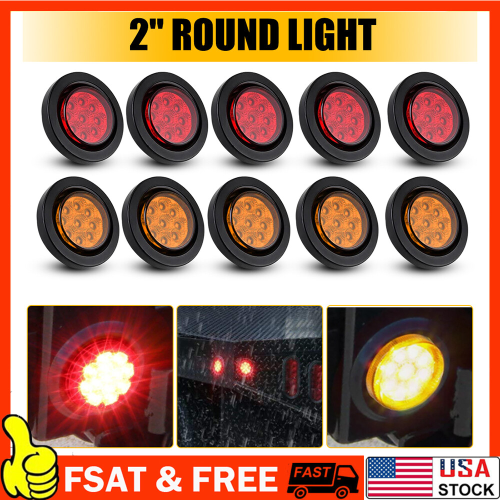 10x 2-Inch 9LED Red Amber Round Clearance Truck Trailer Side Marker Light