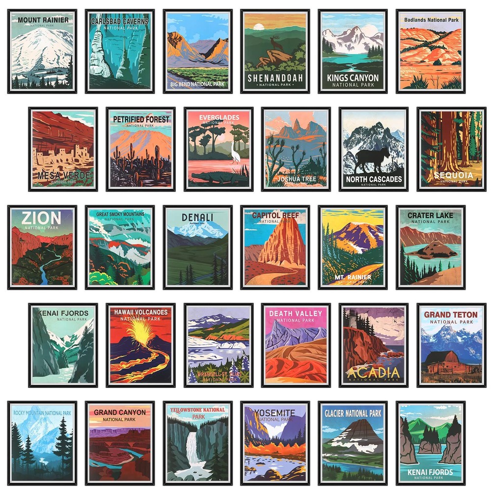 30 Pieces Vintage Poster Set National Parks, Nature Wall Art, Travel Prints W...