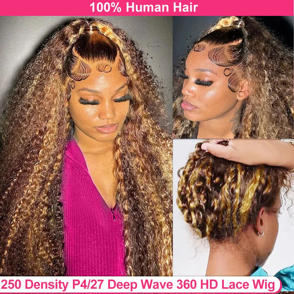 250 Density Highlight P4/27 Curly 360 Full Hd Lace Front Human Hair Glueless Wig