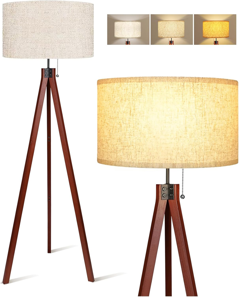 Wood Tripod Floor Lamp, 3 Color Temperatures Mid Century Modern Boho Floor Lamp,