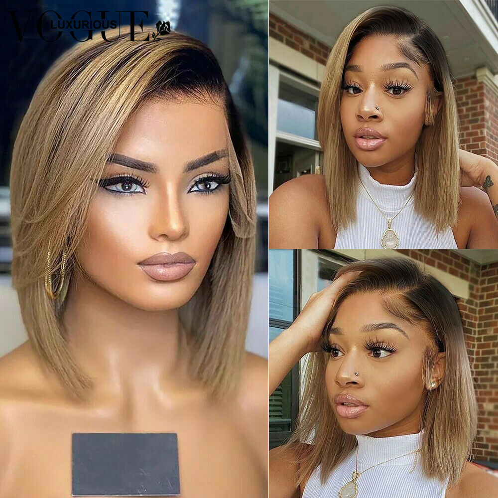 Brown Ombre Short Bob Lace Front Human Hair Wigs Women HD Free Part Closure Wigs