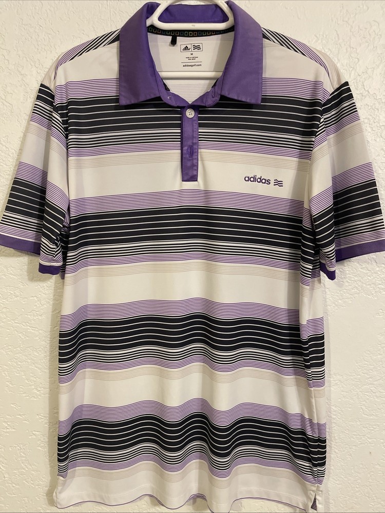 Adidas Golf Polo Shirt Men’s Medium Purple/White Stripes Short Sleeve