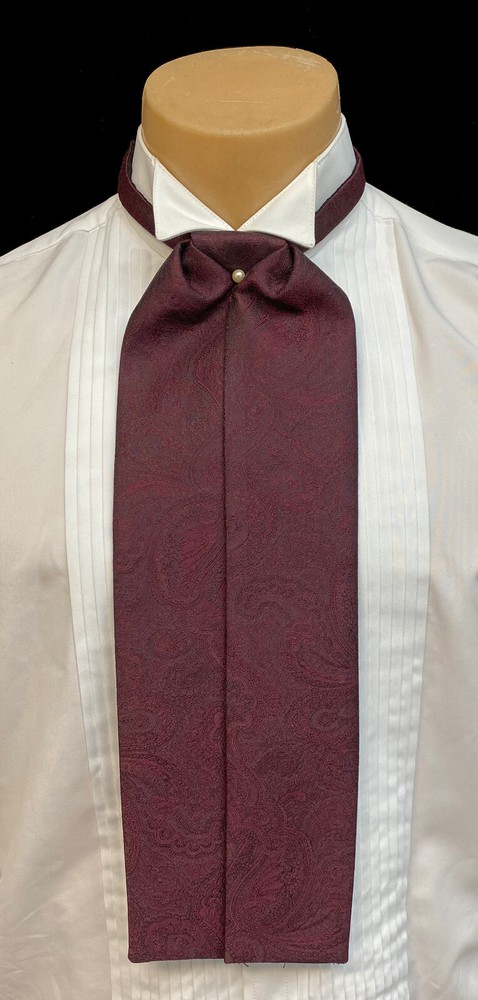 Victorian Men's Burgundy Red Paisley Ascot Cravat Tie with Dress Pin