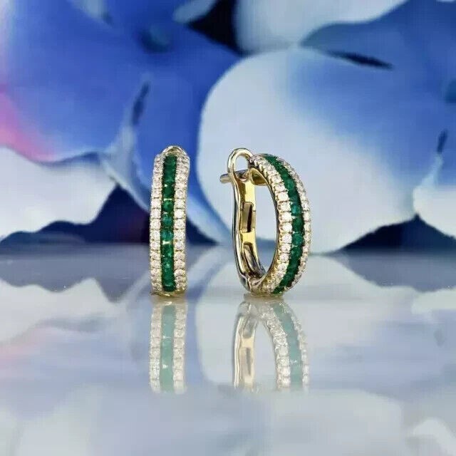14K Yellow Gold Plated 2Ct Round Simulated Emerald Hoop Earrings for Women