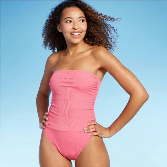 Women'sShirred Ribbed Bandeau Cheeky One Piece Swimsuit - Shade & Shore Pink M:
