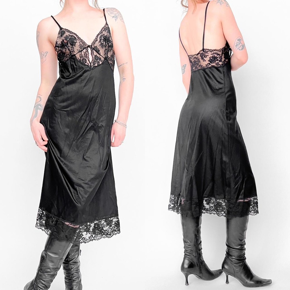 Vintage 90s THE LIMITED Black Lace Trim Midi Slip Dress