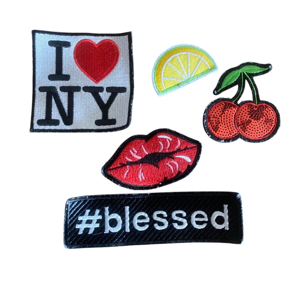 5pc Embroidered Patch Set NY Lemon Cherry Lips Blessed