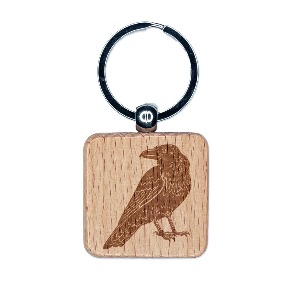 Elegant Black Raven Engraved Wood Square Keychain Tag Charm