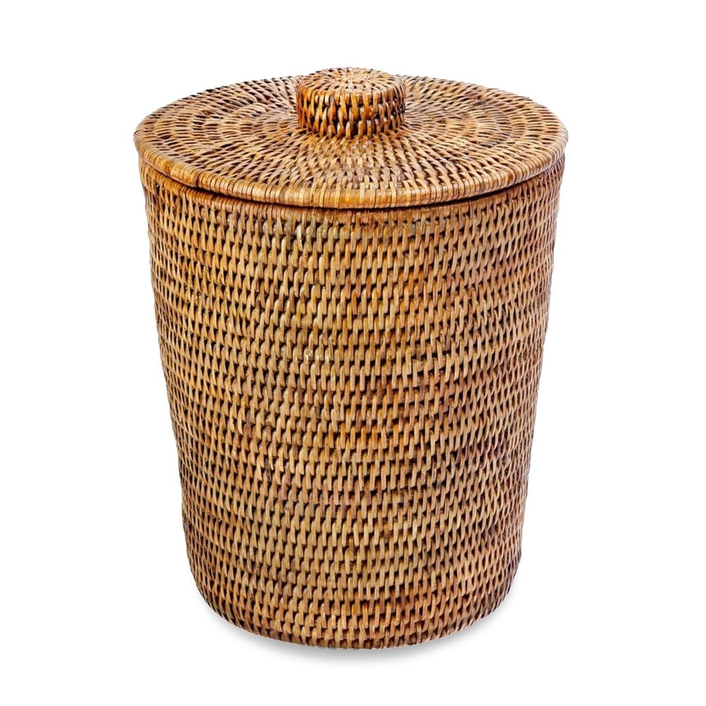Luxury Honey Brown Rattan Trash Can - Coastal Style with Removable Insert