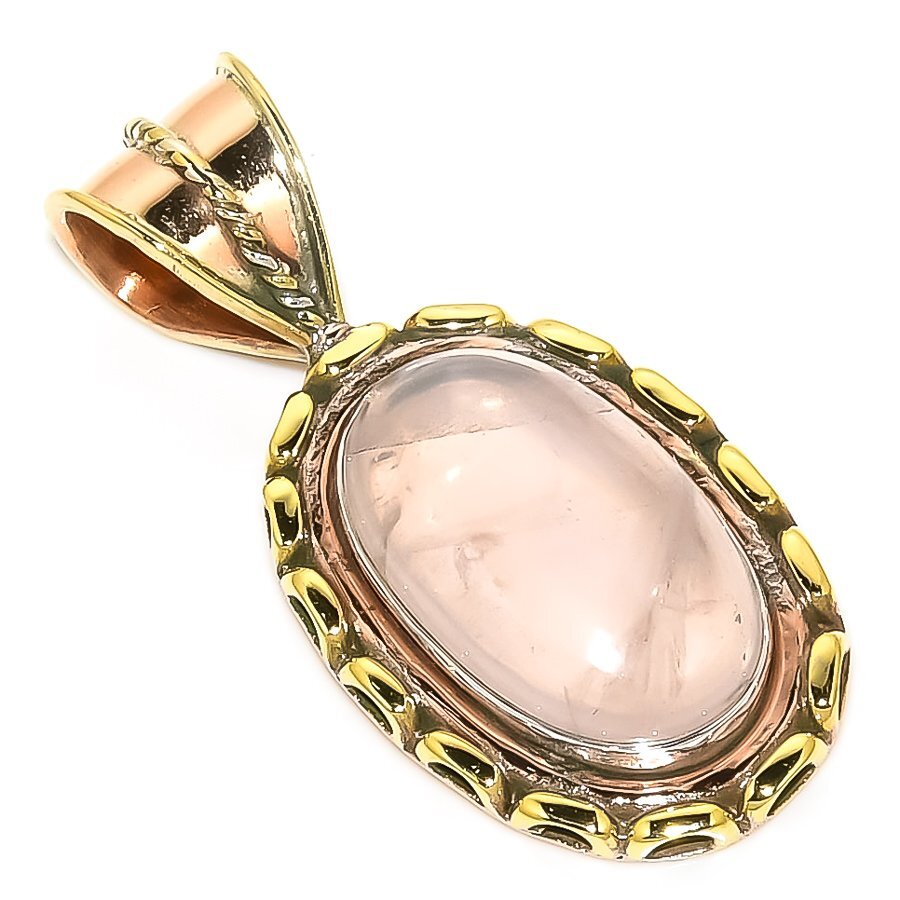 Natural Rose Quartz Two-Tone 925 Sterling Silver Pendant 1.50