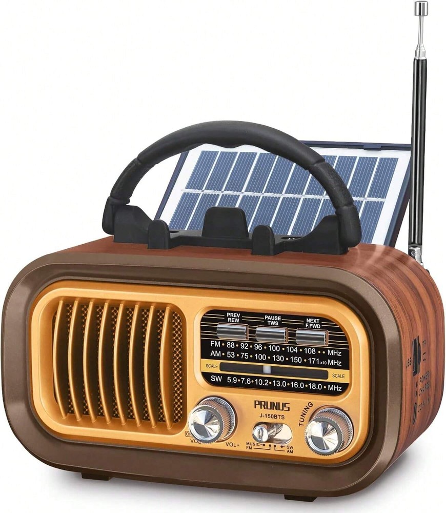 Compact Retro Bluetooth Radio with Solar Power, Wireless Stereo & Phone Holder Functionality
