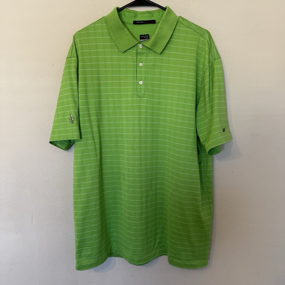 Nike Tiger Woods Polo Shirt Men XL Green White Striped Dri Fit Golf Performance