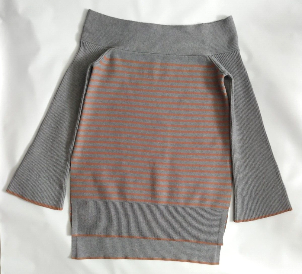 Anthropologie XS Elise Gray Orange Striped Off The Shoulder Tunic Sweater