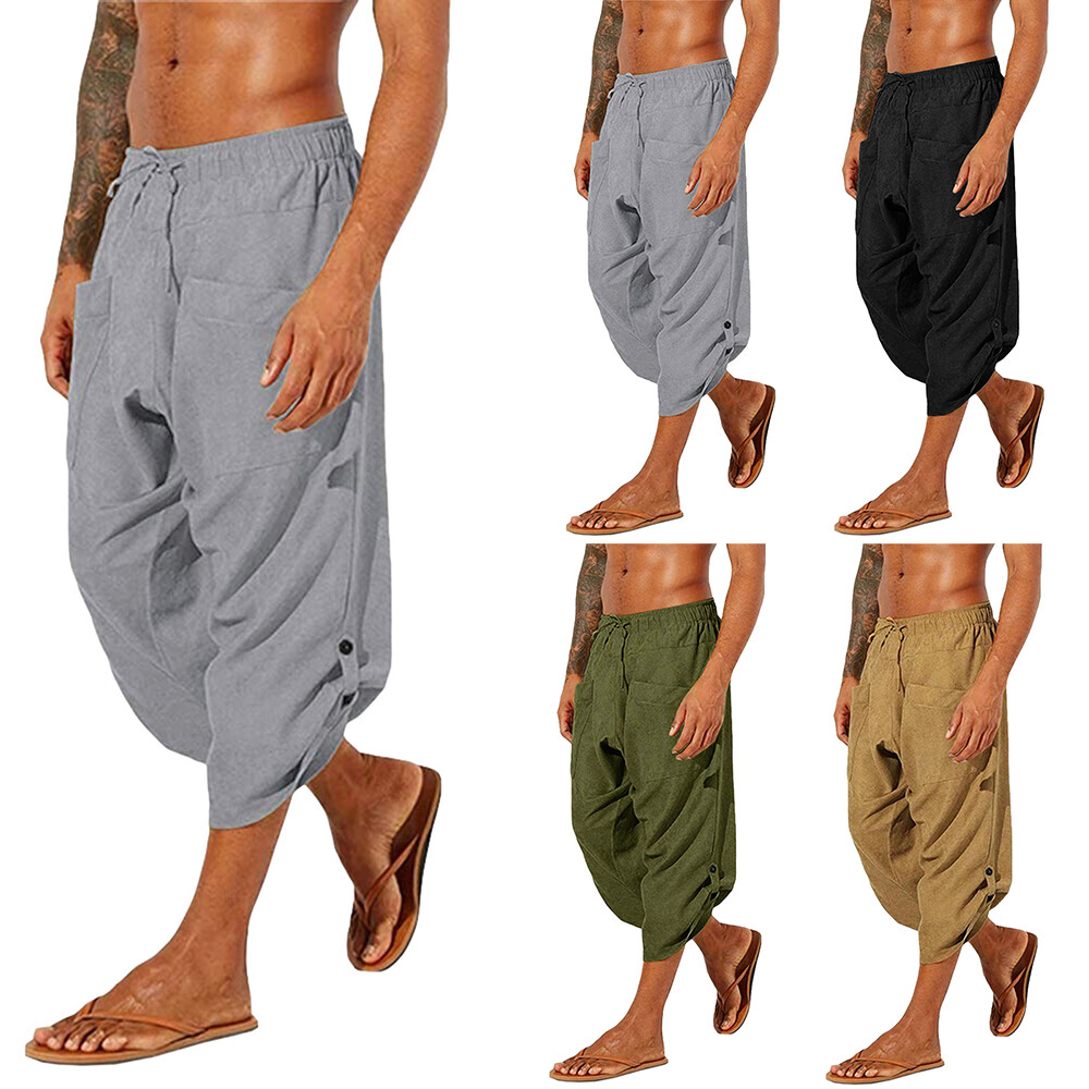 Pantalones harén informales holgados sueltos de yoga hippie para hombre de algodón lino 3/4