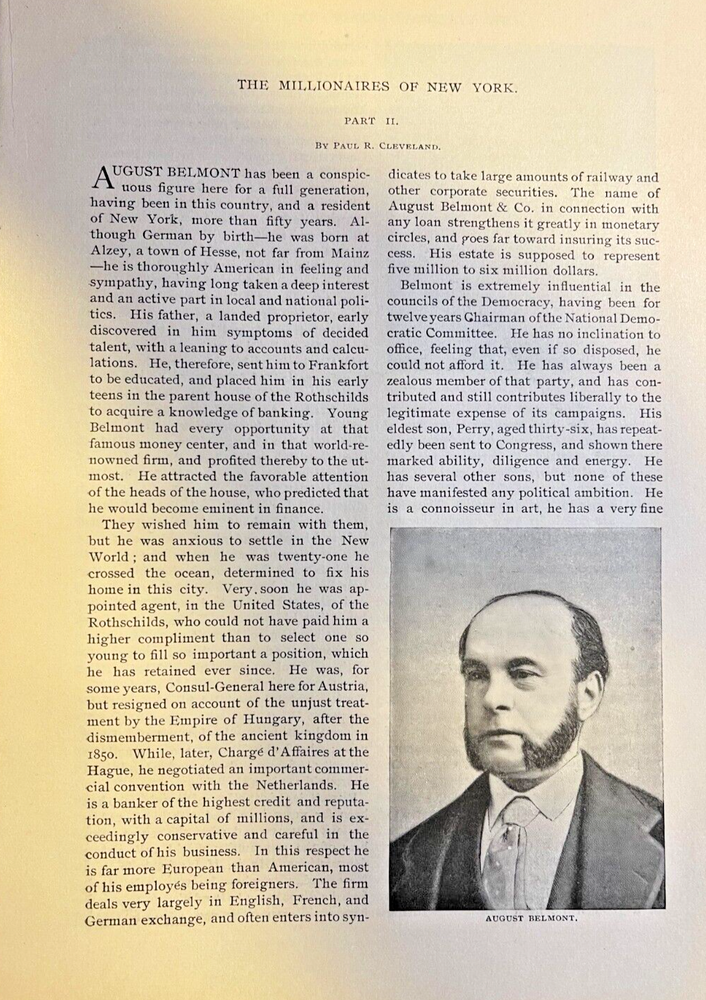 1888 New York Millionaires August Belmont Russell Sage Sidney Dillon John Hoey