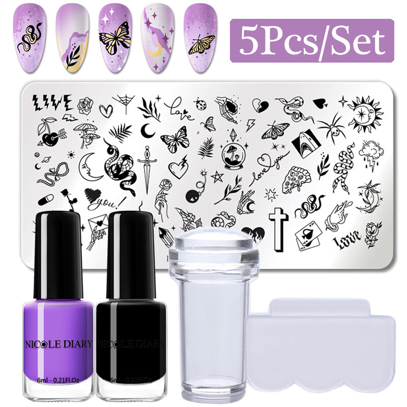 NICOLE DIARY Stamping Nail Polish Set Nail Stamping Plate Scraper Stamper Kit
