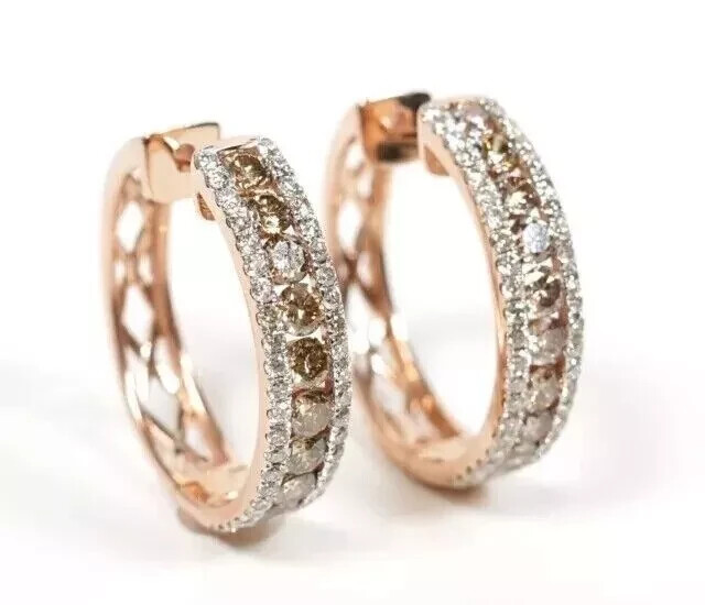 2Ct Round Lab Created Chocolate Brown Diamond Hoop Earrings 14K Rose Gold Plated