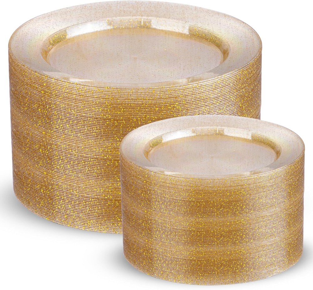 200 Gold Glitter Plastic Disposable Party Plates for Celebrations