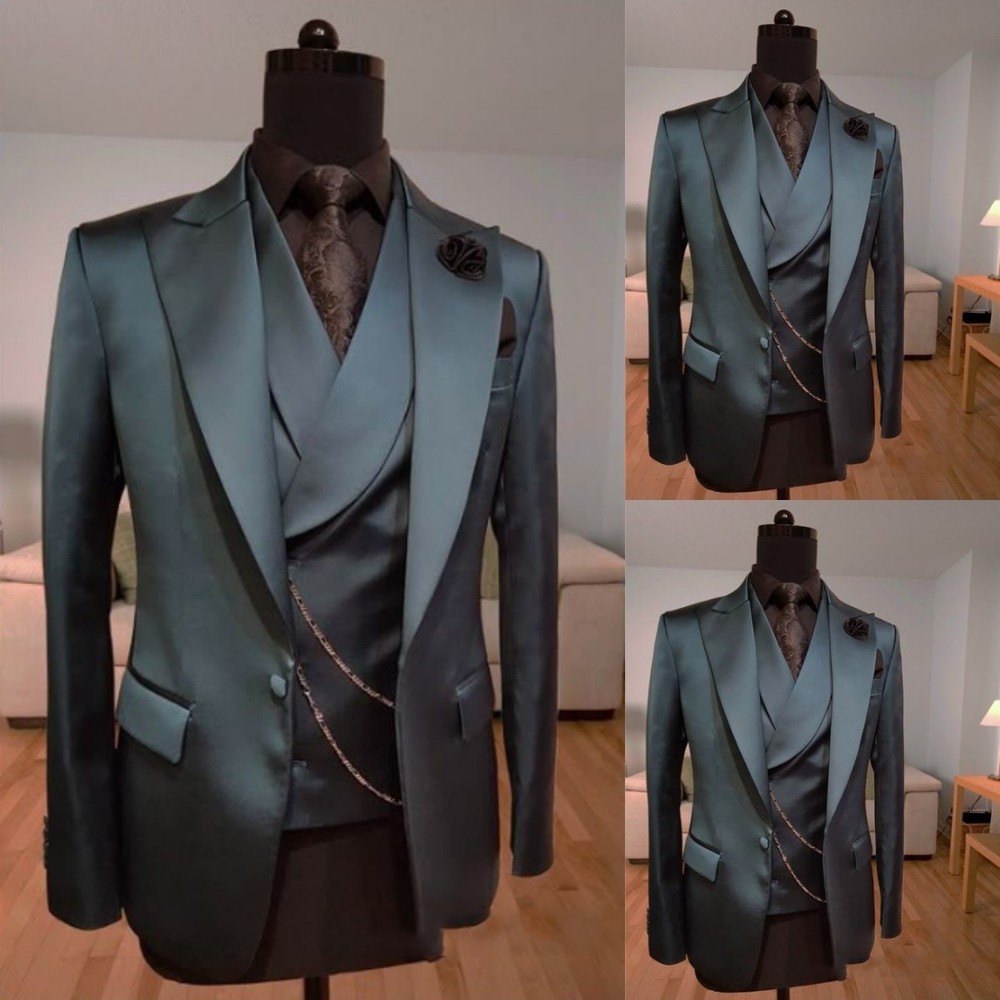Slim Fit Satin Peak Lapel 3-Piece Men's Tuxedo for Wedding Prom Evening Party