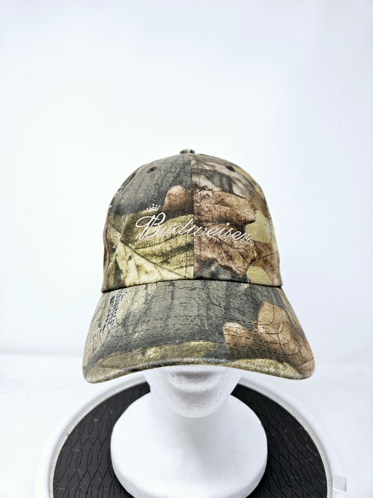 VINTAGE Budweiser Camo Adjustable Baseball Cap Hat Y2K Hunting Outdoors Beer