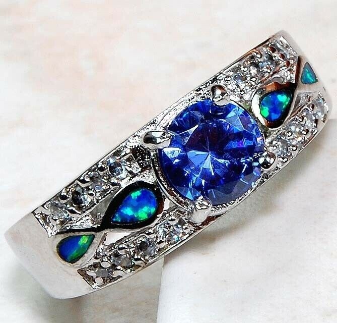 1CT Treated Sapphire & Australian Opal Inlay Sterling Silver Ring Size 8 BA4