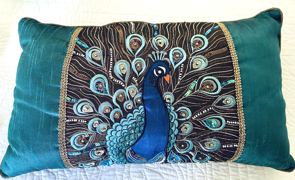 Pier 1 Embroidered Peacock Decor Throw Pillow Lumbar 12