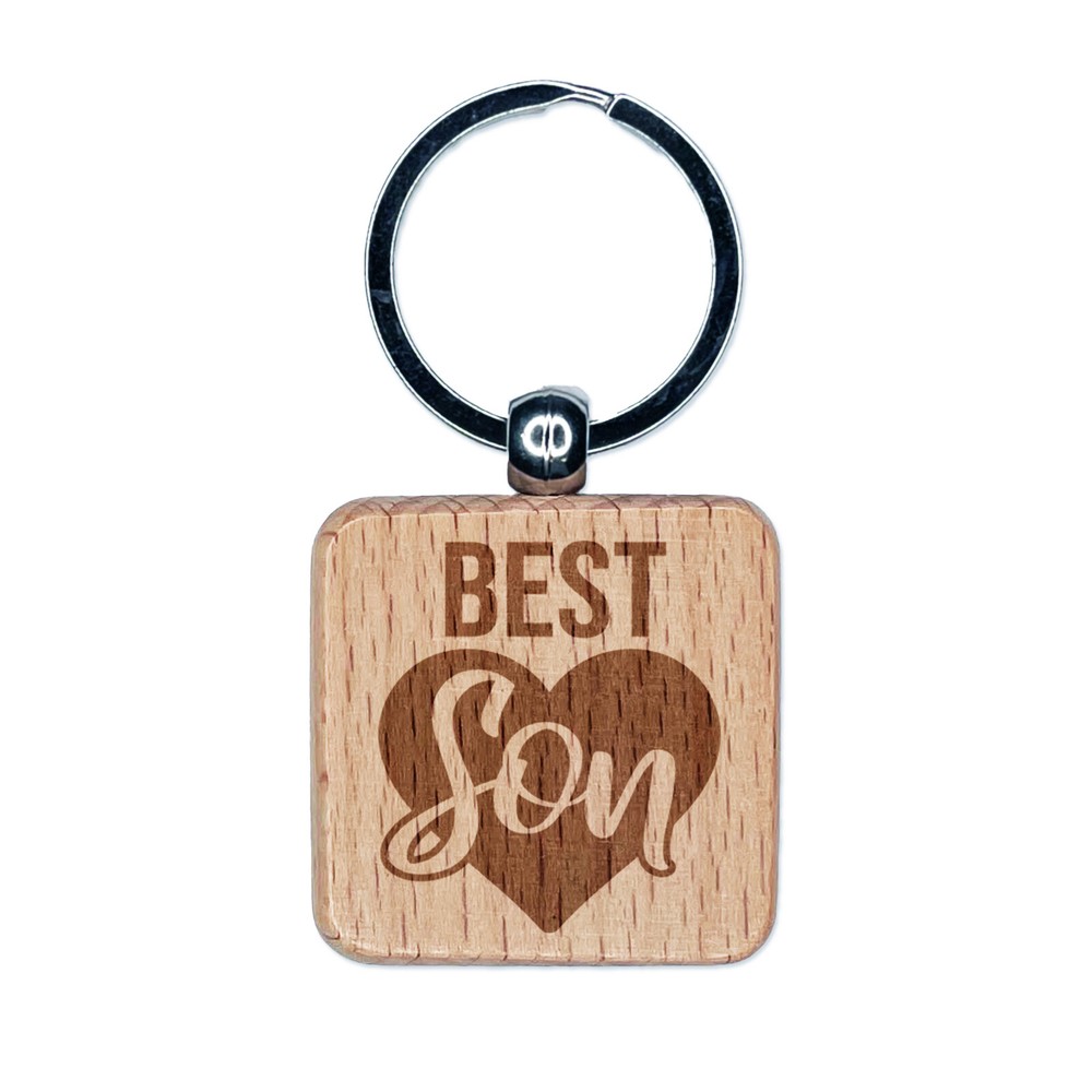 Heart-Engraved Wood Square Keychain for the Best Son Ever  