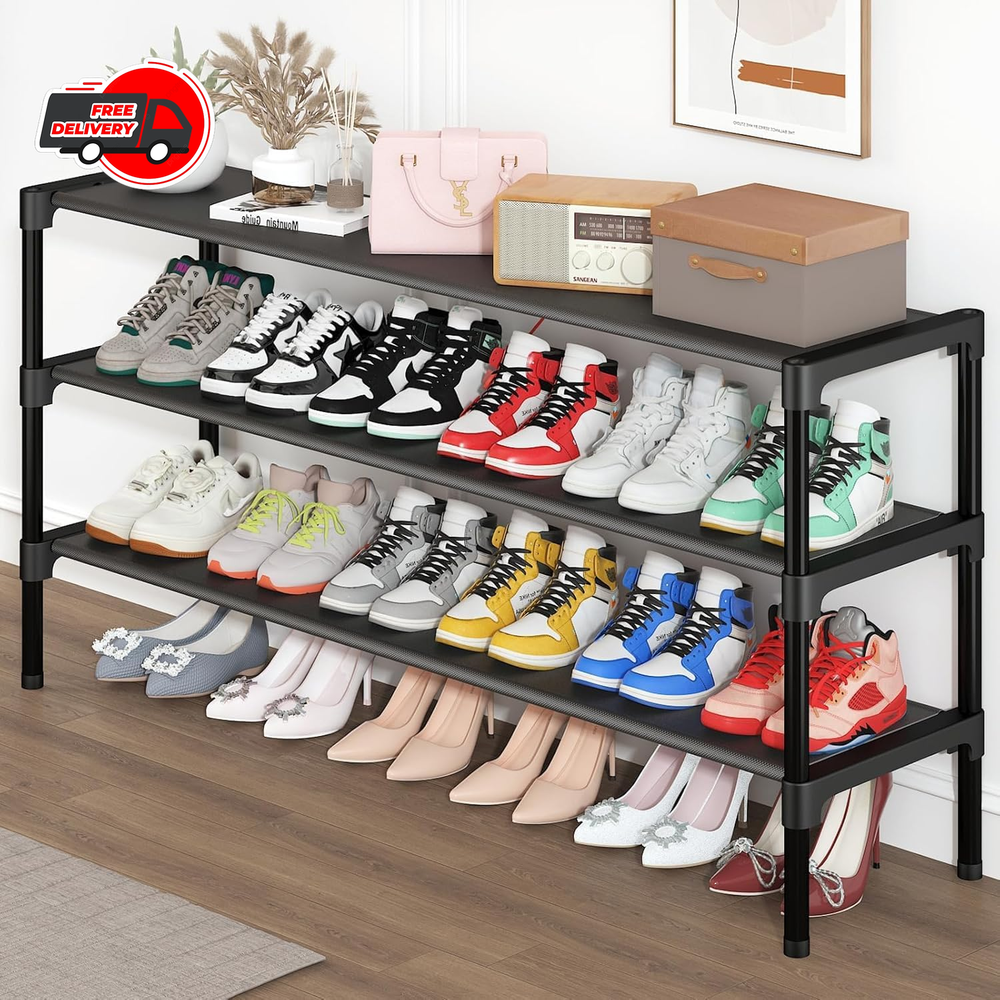 Long Shoe Rack - 3 Tier Shoe Organizer for Closet, Entryway, Garage - Stackable