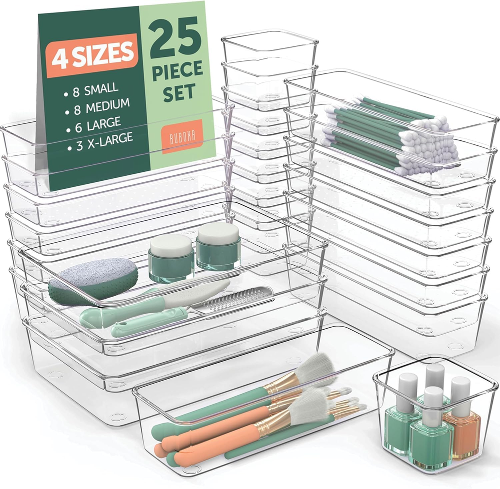 25 PCS Clear Plastic Drawer Organizer Set in 4 Sizes for Kitchen & Office Storage