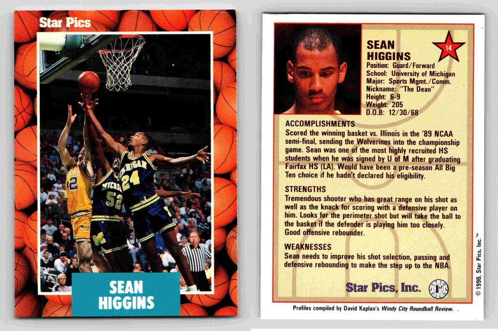Sean Higgins Guard Forward University Of Michigan 1990 Star Pics Card 14
