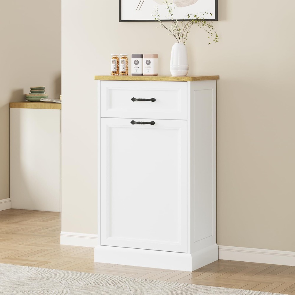 💹Tilt Out Trash Cabinet Hidden Trash Storage Cabinet 10 Gallon Freestanding Tra