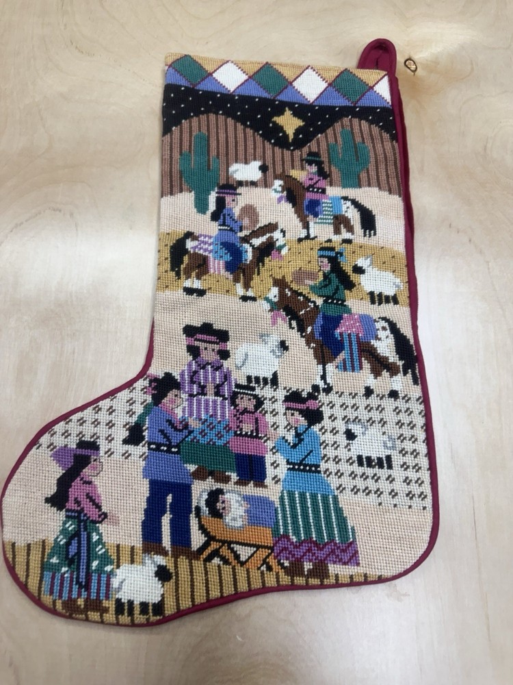 VTG Treglown SW Native American Nativity Needlepoint Canvas Christmas Stocking