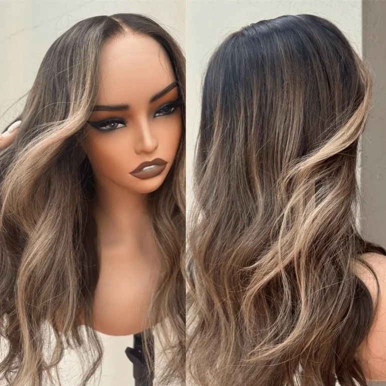 Ombre Brown with Blonde Streaks Highlight Lace Front Wigs 100% Human Hair Wig