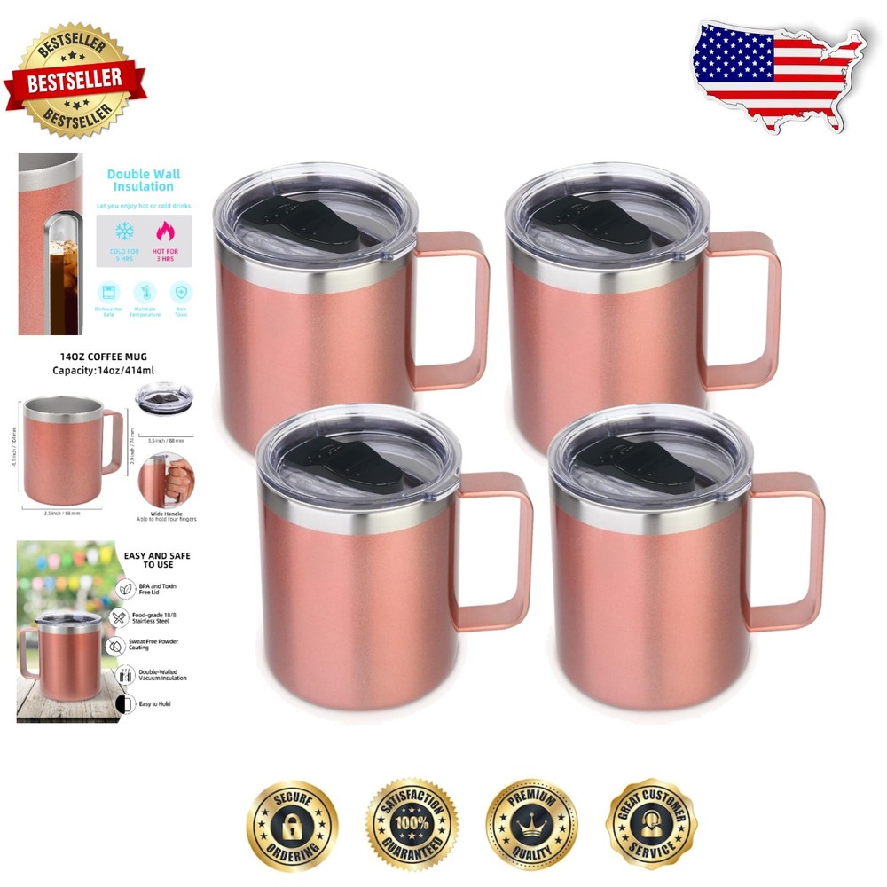 14 oz Leakproof Travel Coffee Mugs in Rose Gold - 4 Pack for Hot & Cold Drinks