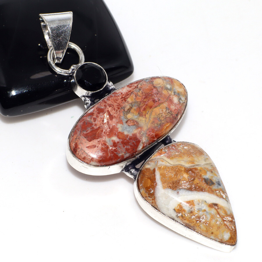 Maligano Jasper Black Onyx 925 Silver Plated Long Handmade Pendant 2.5