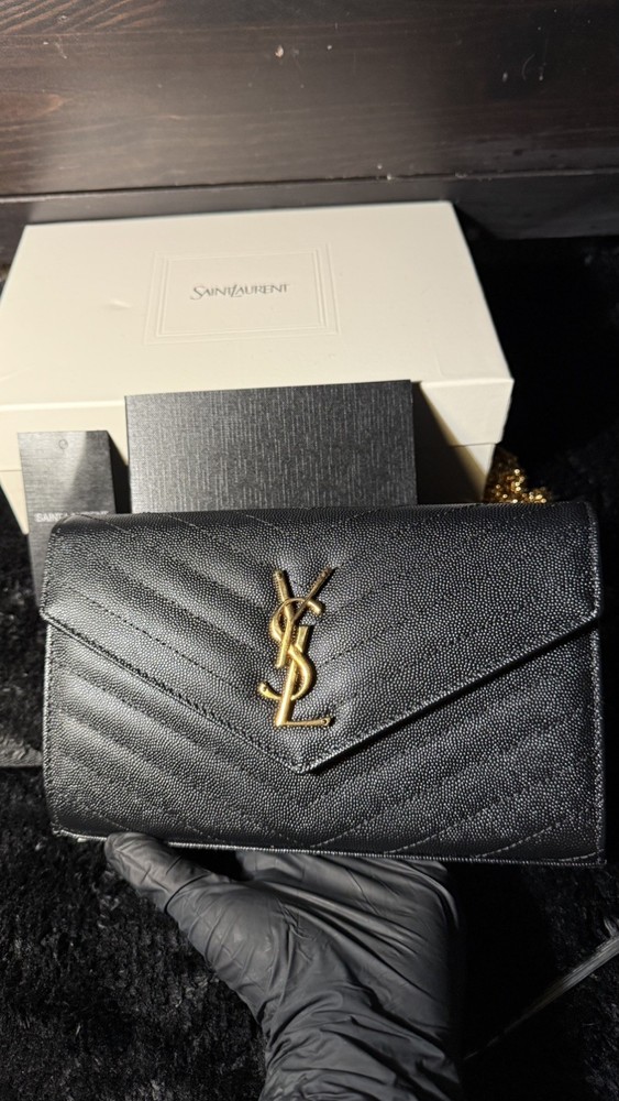 Saint Laurent YSL Envelope Wallet on Chain Black Leather WOC Gold Hardware /Box
