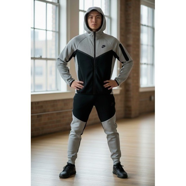 Nike Tech Fleece Tracksuit Grey Black Full Zip Hoodie Joggers Full Set (2XL)