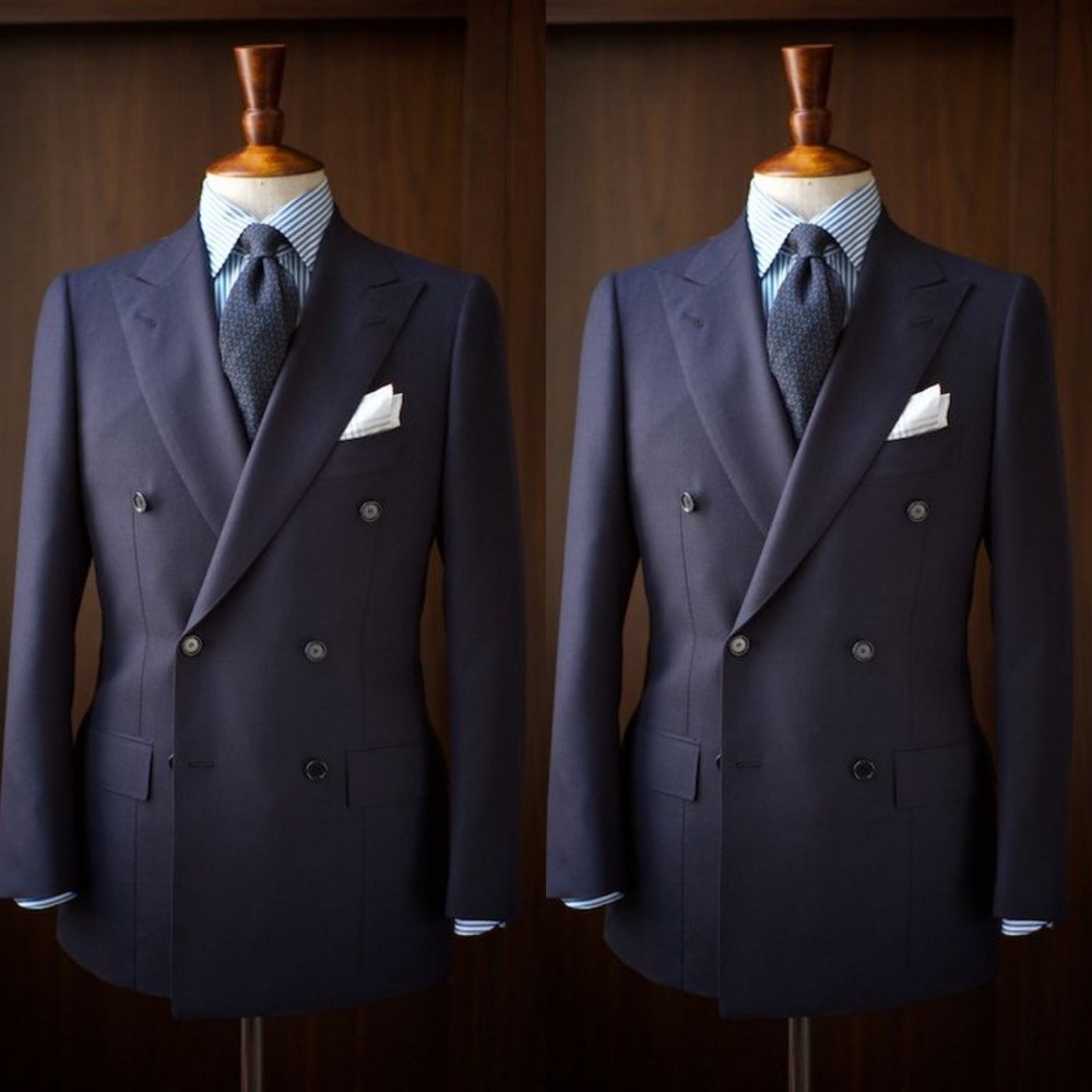 Tailored Formal Men's Suit Workwear Navy Blue Business 2Pcs Office Tuxedo Jacket