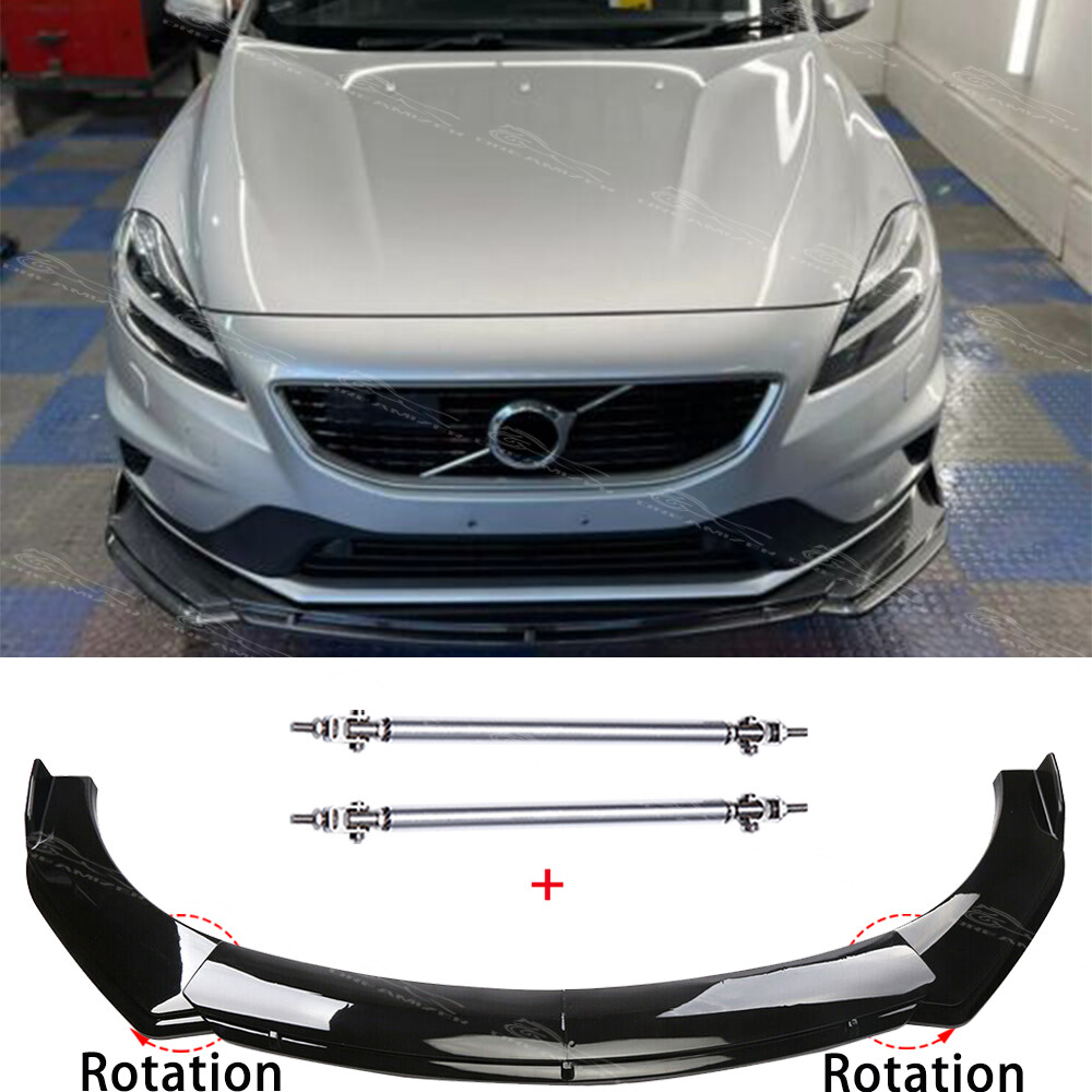 Volvo V40 S40 S60 S90 Glossy Front Bumper Lip Spoiler Splitter with Strut Rods