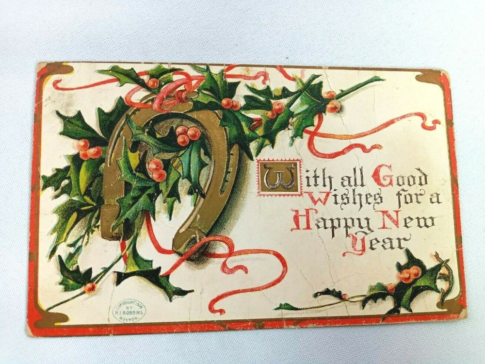 Vintage Postcard With all Good Wishes for a Happy New Year Horseshoe & Holly-image
