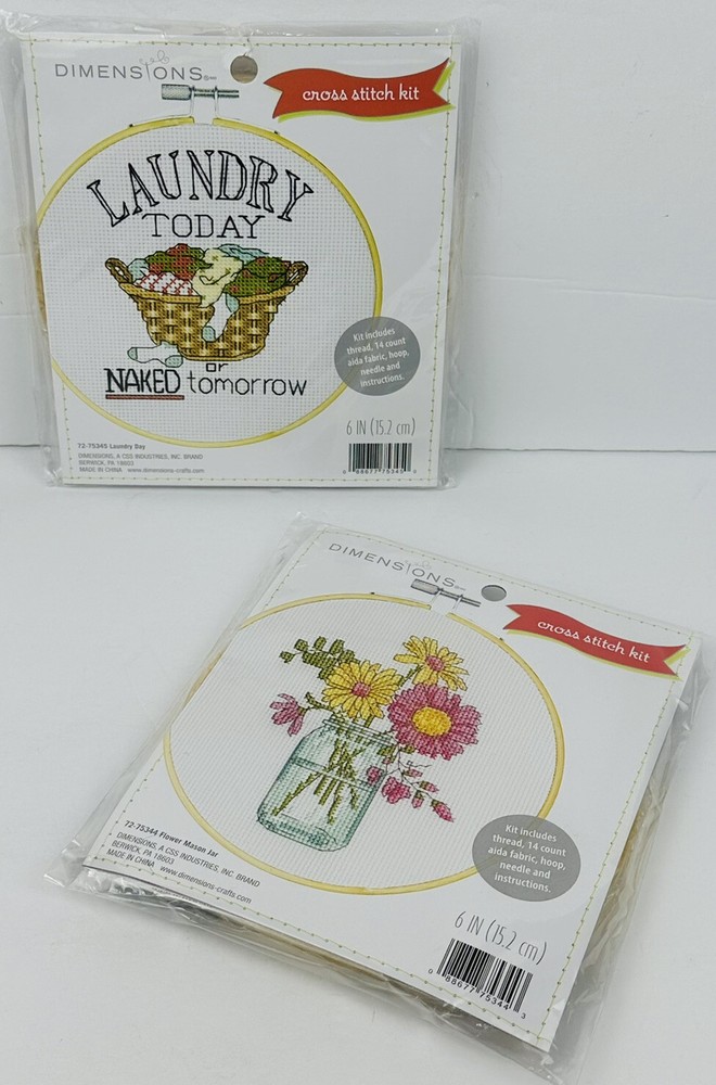 Dimensions Counted Cross Stitch Kits Lot of 2 Flowers & Laundry Day NEW SEALED