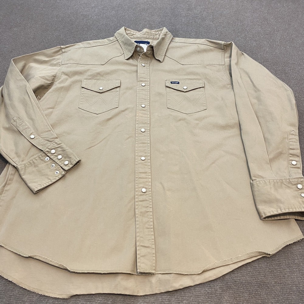 Wrangler Shirt Mens 2XL Twill Tan Long Sleeve Pearl Snap Western Cowboy