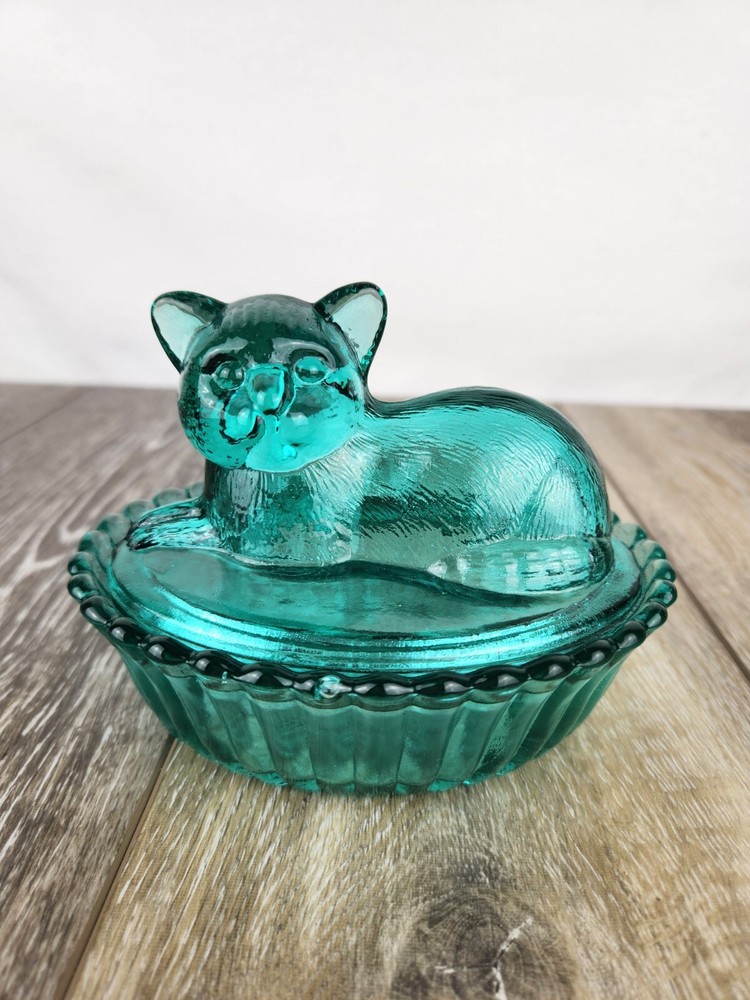 Vintage Teal Blue Glass Cat on Basket Hen on Nest Candy Dish Trinket Box  