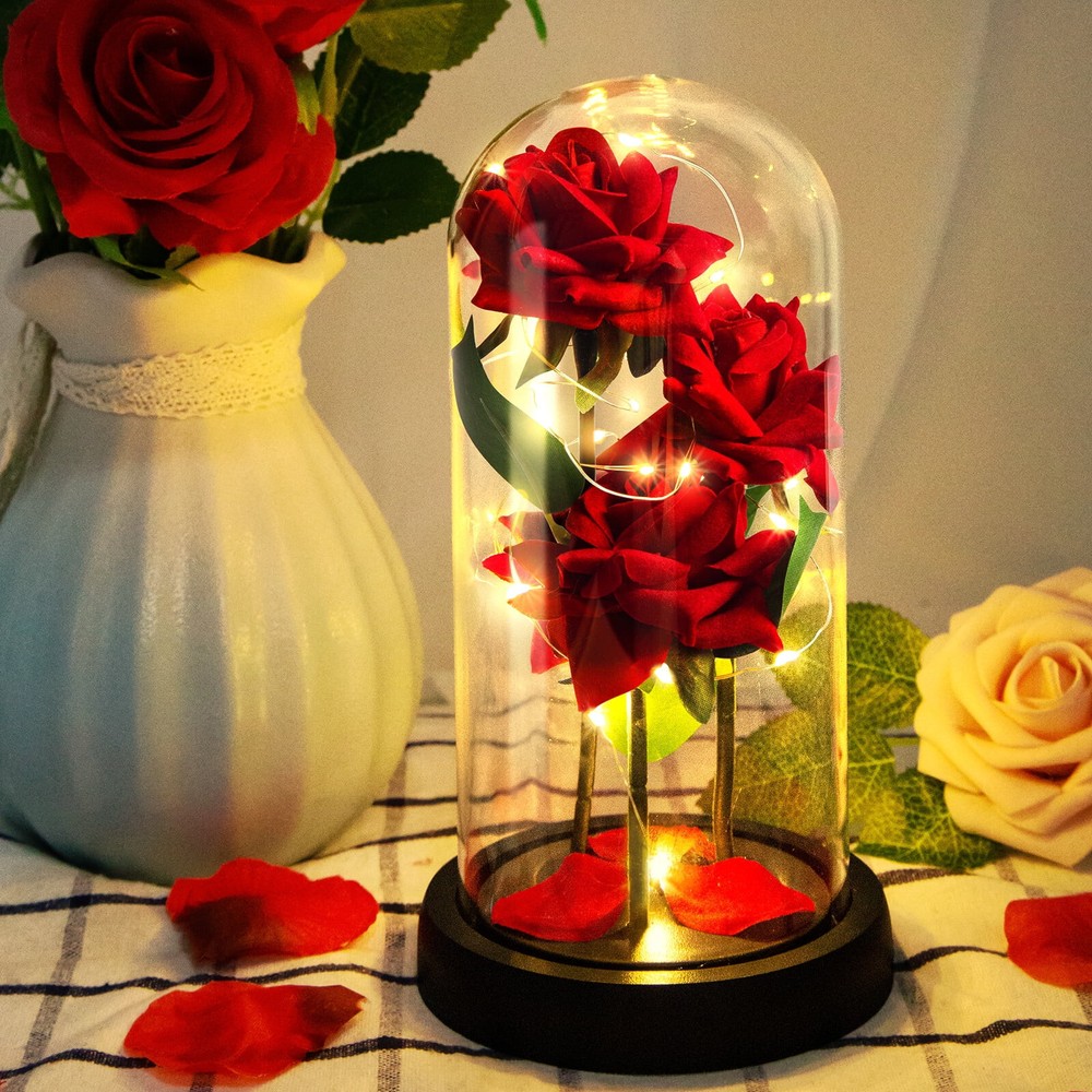 Rose in Glass Dome with LED Lights - Romantic Gift for Valentine's Day Mom, Wife