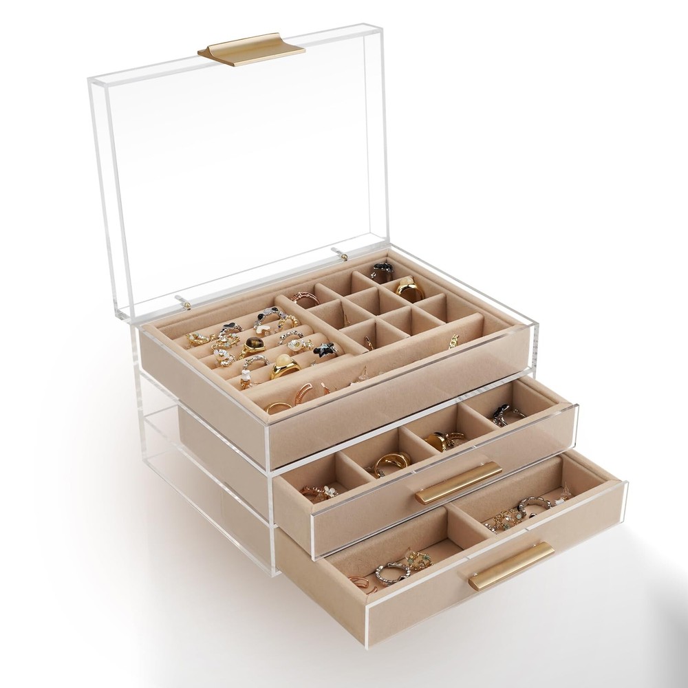 Acrylic Jewelry Box, Three-Layer Jewelry Organizer with 360° Transparent Li
